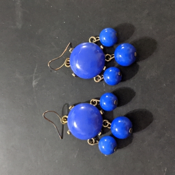Gold Tone Blue Bauble Dangle Statement Earrings - Picture 1 of 2
